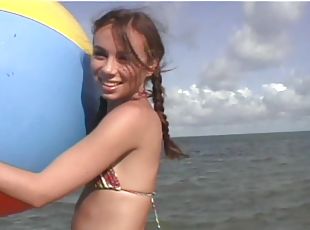 im-freien, schwer, paar, strand, zopf, bikini, brunette