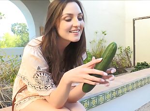 She throats a cucumber before she slams it into her pussy