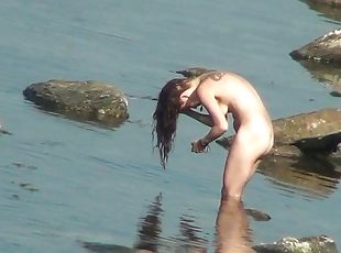 nudisti, allaperto, spiaggia, trio, naturali, bagnate, brunette