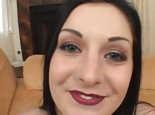 Brunette slut swallows big black cock in interracial POV