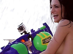 Water gun fight with three beauties