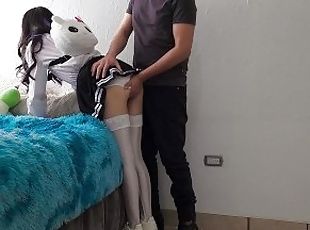 asiático, coño-pussy, delgada, estudiante, amateur, corrida-interna, pareja, bajo-la-falda, medias, bragas