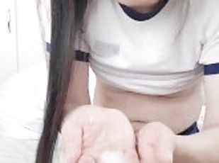 pisser, amateur, ejaculation-sur-le-corps, japonais, petite, fétiche, solo, petits-seins