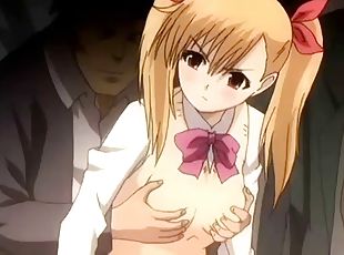 Blonde anime teen doing handjob