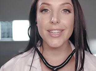 Pornstar Angela White in nurse uniform sucking a large dick