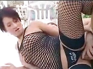 Fishnet girl asshole fucked outdoors