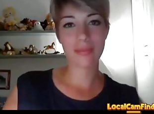 Very beautiful short hair girl pleasures her pussy