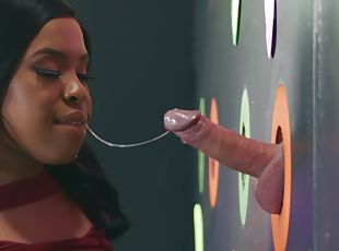 Chubby ebony whore Aryana Adin blows a glory hole dick and gets cum