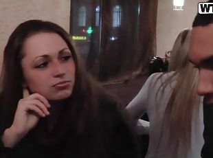 Slutty brunette girl sucks and fucks in a public restroom