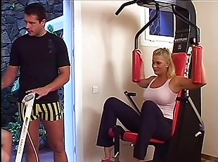 Two hot milfs in gym receive training fuck from lucky dude