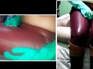 latina, branlette, culotte, femme-habillée-mec-nu, ejaculation, chevauchement, latex, maîtresse, branlette-avec-les-pieds, bottes