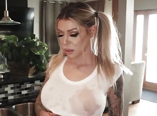 Tattooed blonde with big tits sucking a dick in HD POV - Karma RX