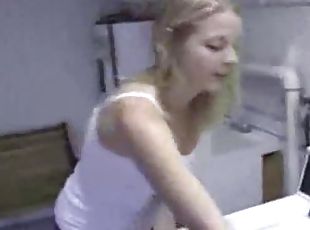 Hot blonde teen GF posing for the camera in laundry room