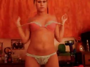 casero, cachonda, rubia, natural, webcam, bailando, a-solas, sujetador, desnudando