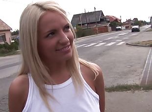 Giddy blonde sucks a schlong outdoors then has her anal jammed