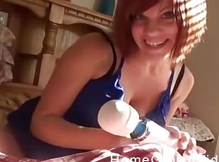 Short haired blue eyed teen babe masturbates with toys