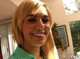 Mesmerizing blonde with natural tits giving out superb blowjob in closeup shoot