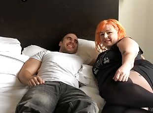 Tattooed BBW with orange hair jizzed on tits after deepthroat