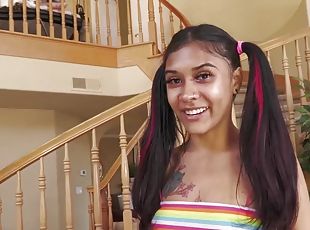 Skinny Reina Hartin with pigtails moans while getting drilled