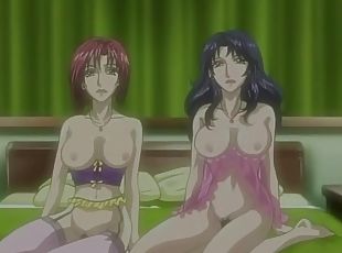 Two naughty anime chicks take turn riding a long hard dick