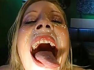 Delicate blonde gets cumshots from several men