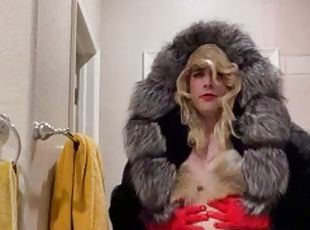 Trans furry slut Crystal plays with her fox fur coat